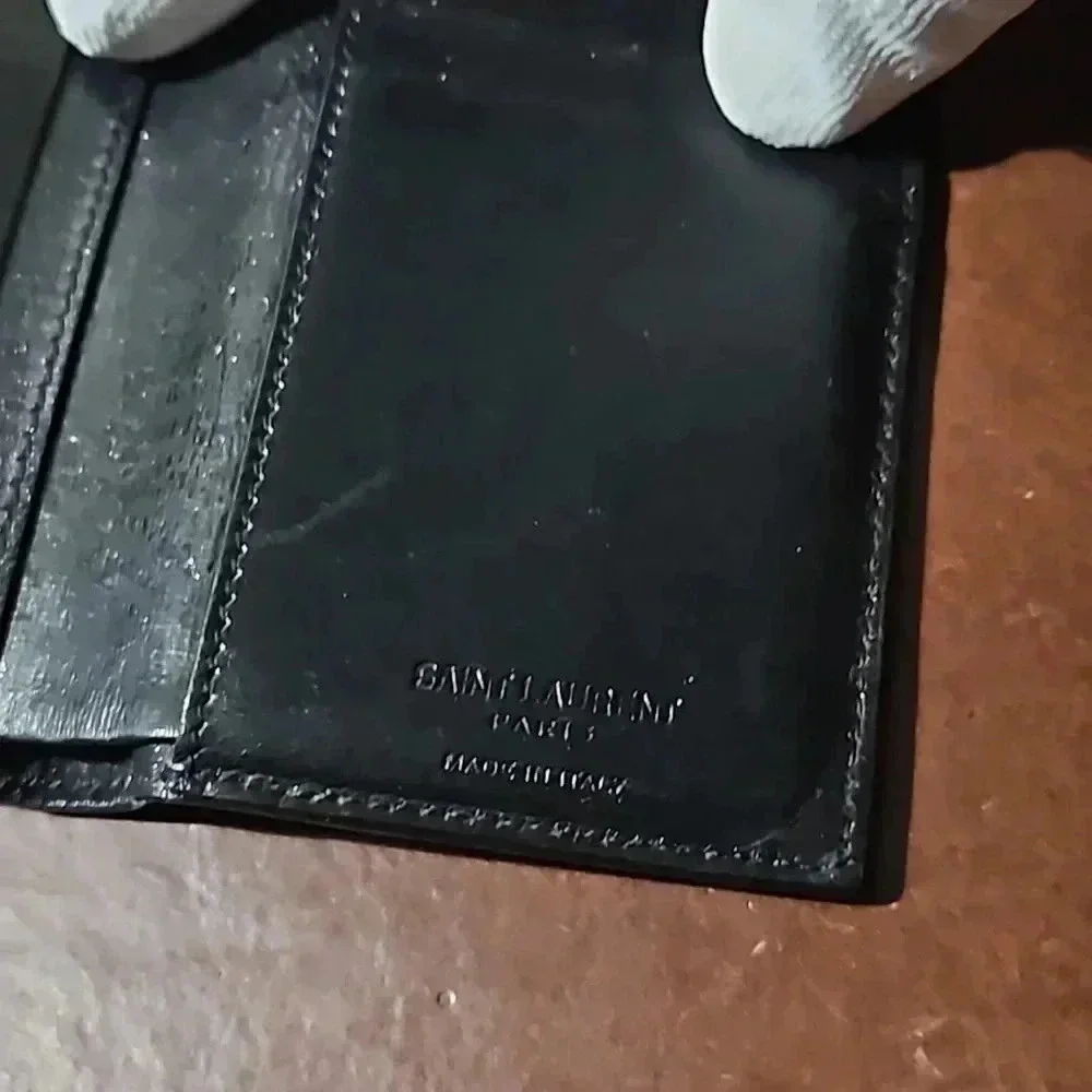 Saint Laurent Paris Credit Card Wallet Black Embossed Leather